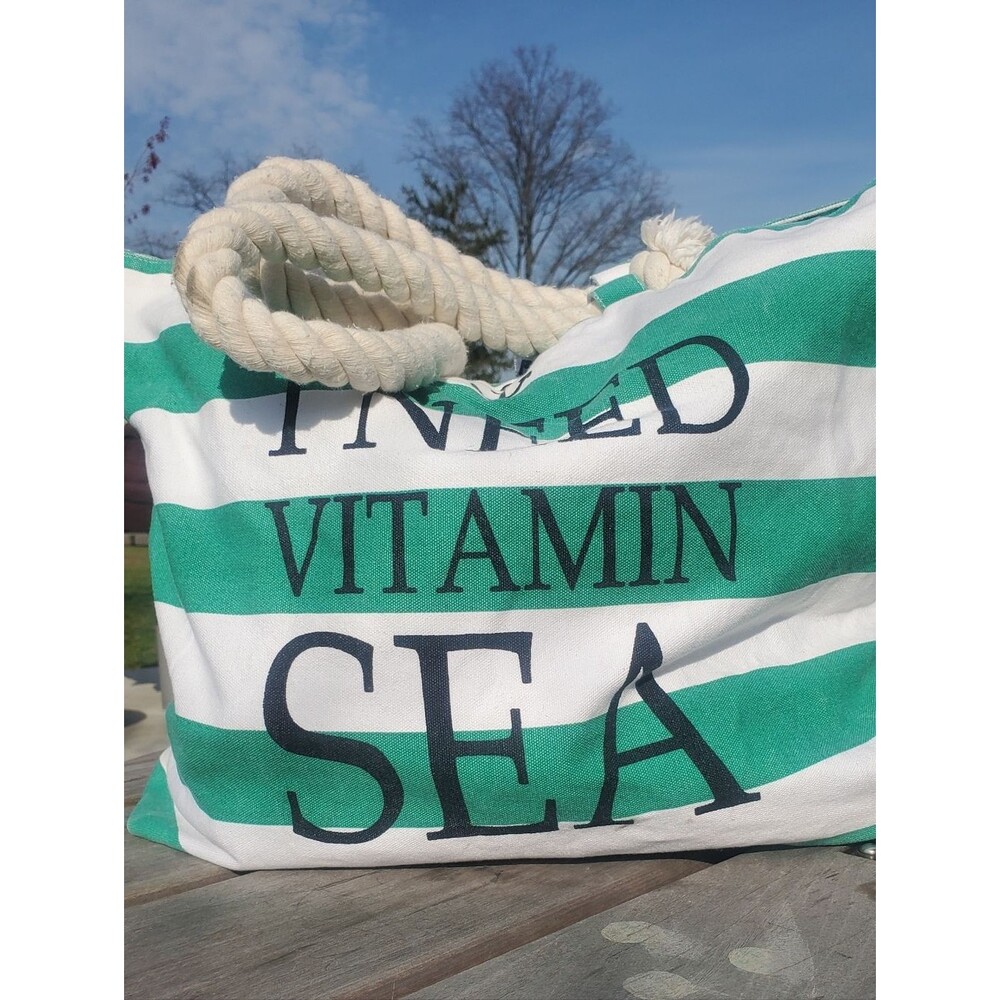 Nautical Striped Canvas Large Beach Tote Bag Rope Handles Green and White
